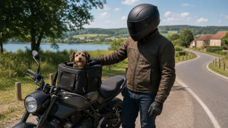 Malý pes v přepravní tašce na nádrži motocyklu, majitel stojí vedle