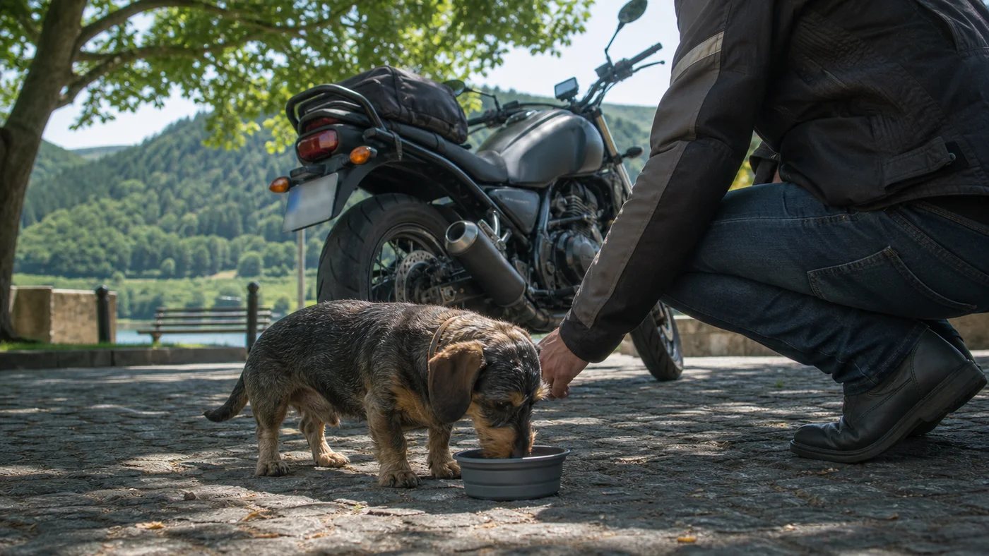 Pes pije vodu z cestovní misky na přestávce vedle motorky
