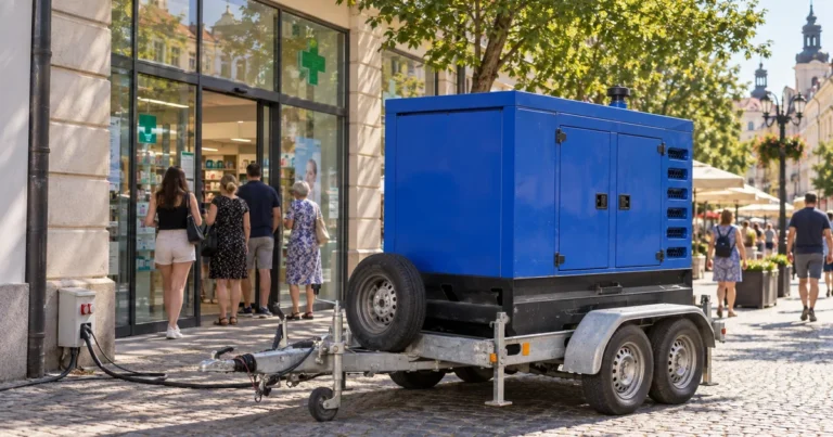 Modrá menší elektrocentrála na přívěsu za výlohou městské lékárny, letní odpoledne
