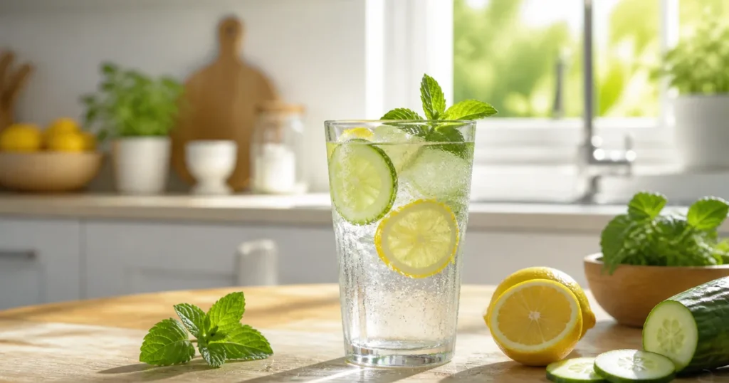 Sklenice vody s plátky citronu, okurky a mátou na dřevěném stole v letní kuchyni