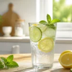 Sklenice vody s plátky citronu, okurky a mátou na dřevěném stole v letní kuchyni