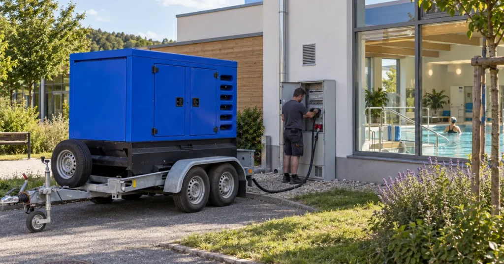 Modrá elektrocentrála za budovou rehabilitačního centra s krytým bazénem, technik u rozvaděče, letní odpoledne.