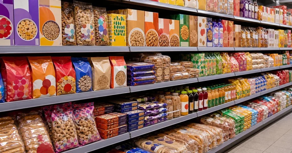 Regál supermarketu plný balených ultrazpracovaných potravin