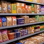 Regál supermarketu plný balených ultrazpracovaných potravin