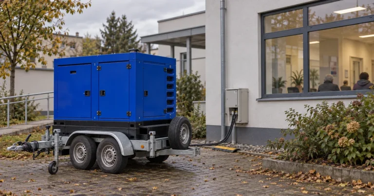 Modrá elektrocentrála za budovou fyzioterapeutické ambulance, v okně čekárna s pacienty, zářijové dopoledne