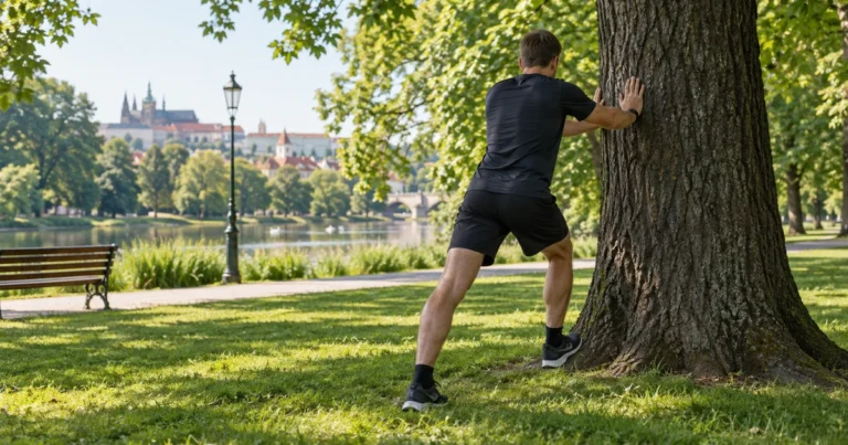 Sportovec zezadu protahuje lýtko u kmene stromu na trávníku v parku po ranním běhu