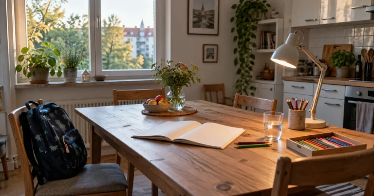 Kuchyňský stůl s otevřeným sešitem, lampou a krabicí s pastelkami v klidném odpoledním světle