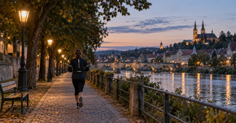 Běžec v bundě s reflexními pruhy na osvětlené stezce u řeky za soumraku, stromy jsou převážně zelené
