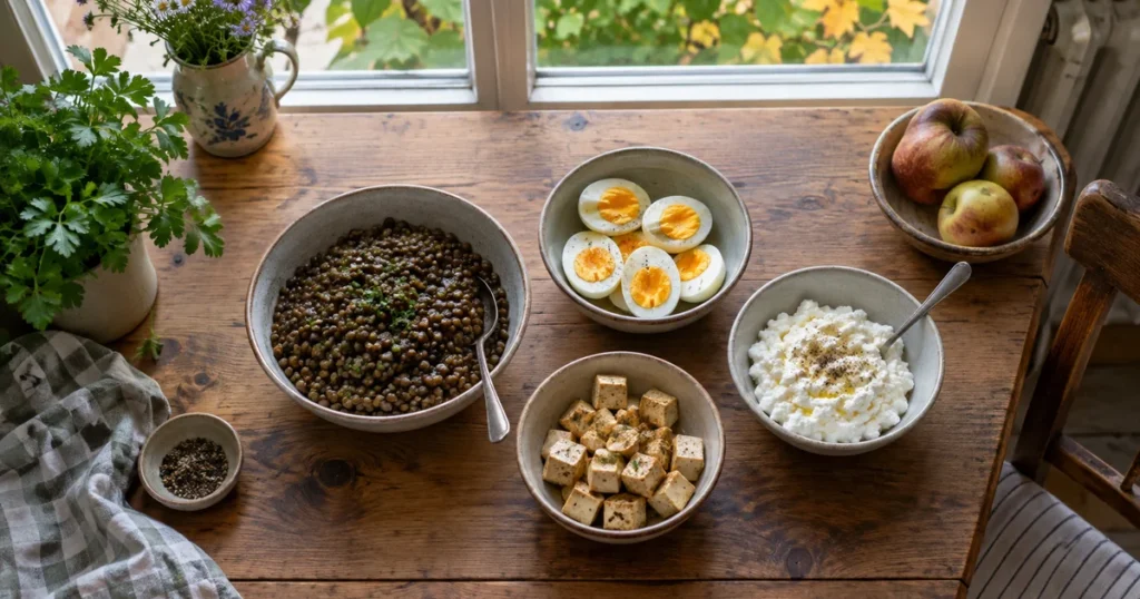 Stůl s miskami vařené čočky, vajec, tofu a cottage sýra při denním světle