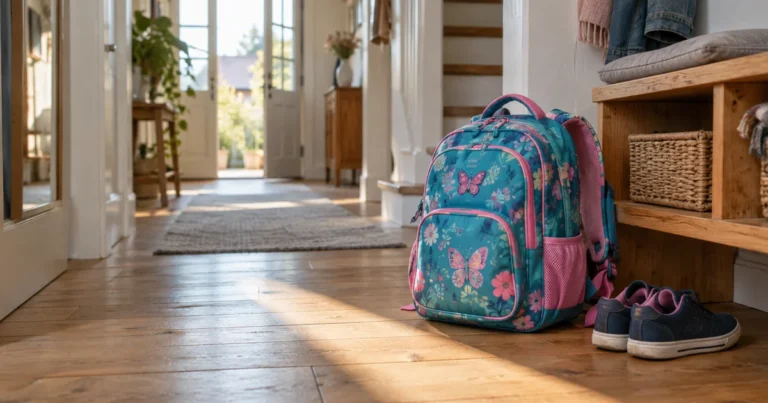 Barevný školní batoh s polstrovanými popruhy stojí v chodbě domu na dřevěné podlaze vedle bot