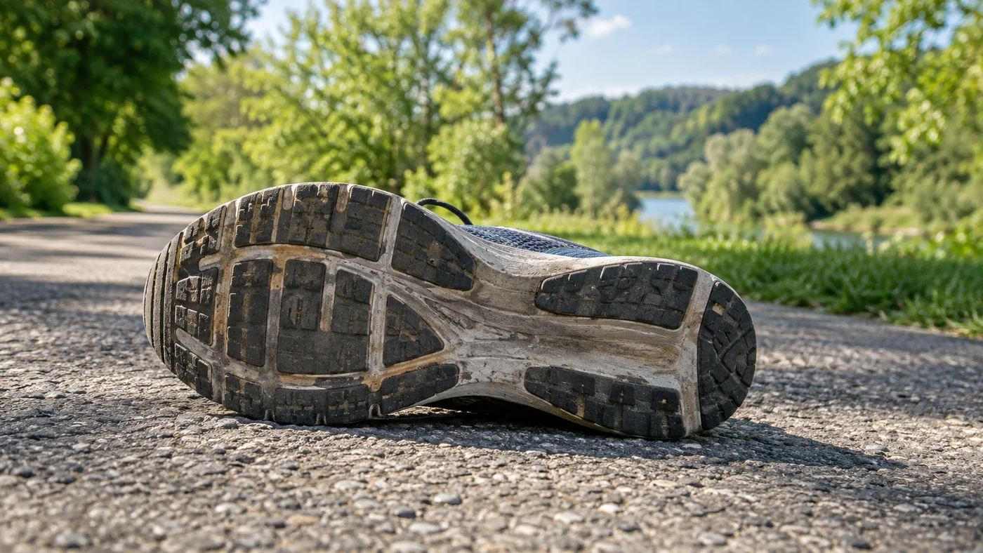 Detail podrážky běžecké boty s opotřebeným vzorkem na asfaltu