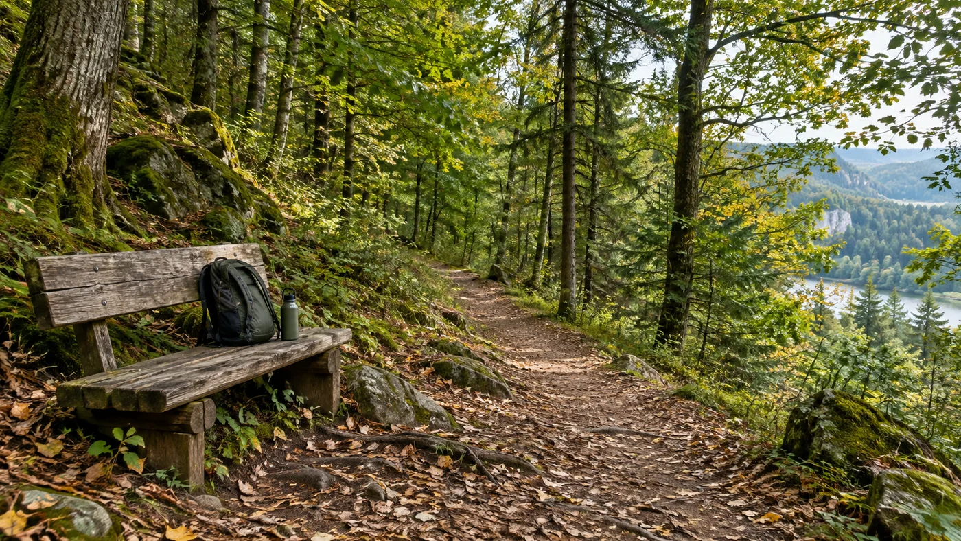 Turistická stezka lesem se zelenými stromy a lavička s batohem a lahví vody