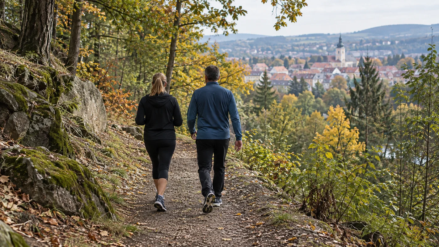 Dvojice ve sportovním oblečení jde svižnou chůzí po lesní cestě na okraji města na začátku podzimu