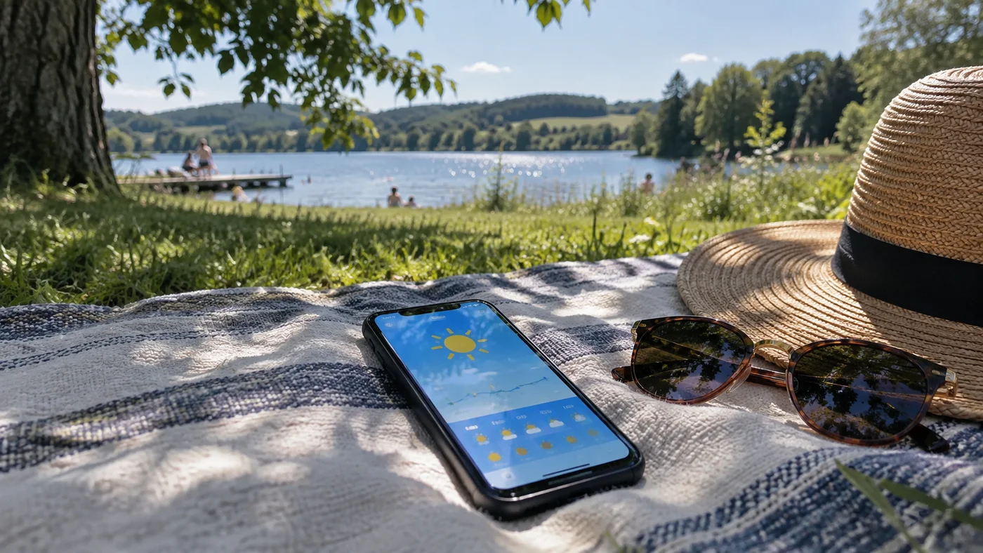 Chytrý telefon s předpovědí počasí, sluneční brýle a slamák na dece ve stínu stromu u rybníka
