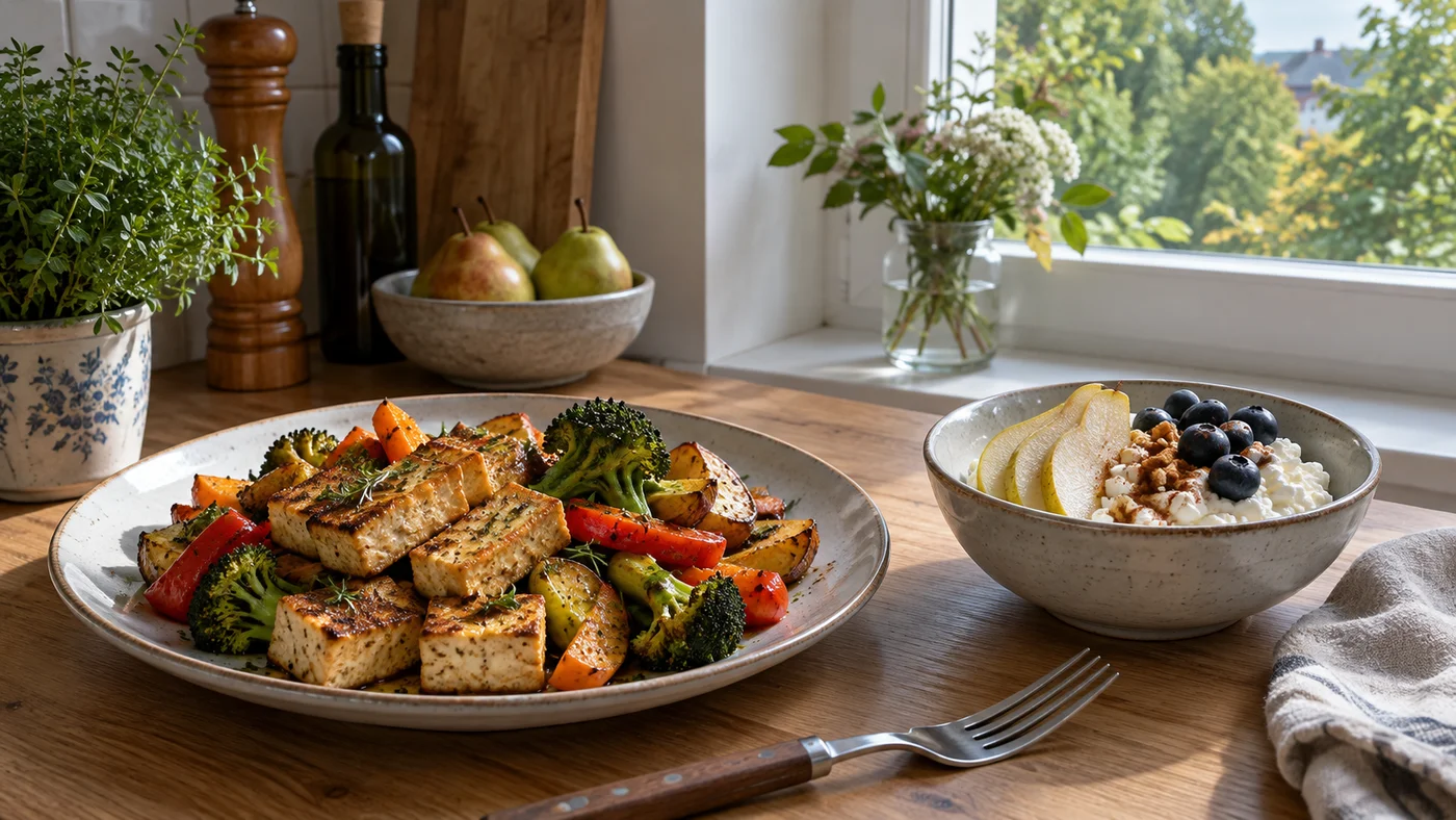 Talíř tofu se zeleninou a miska cottage sýra s ovocem
