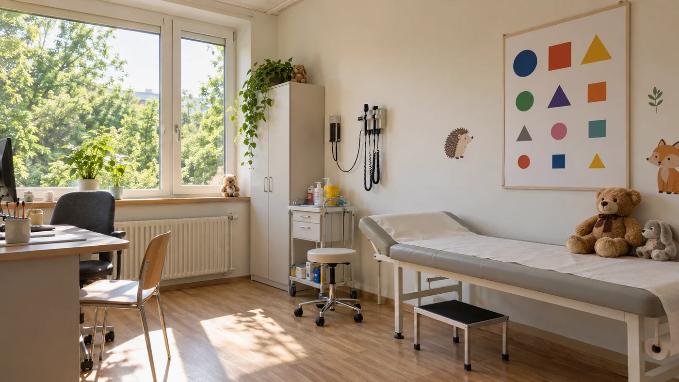 Ordinace dětského lékaře s vyšetřovacím lehátkem, plyšovými hračkami a tabulí pro vyšetření zraku