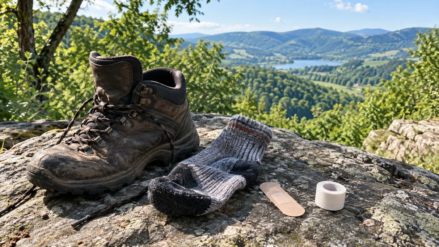 Sundaná turistická bota, ponožka a rozbalená náplast na kameni při odpočinku na trase
