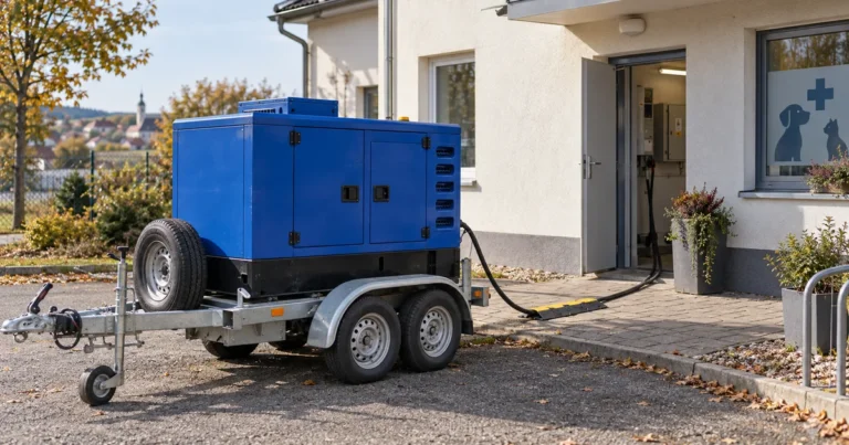Modrá kapotovaná elektrocentrála na přívěsu u veterinární kliniky, kabel vede do technické místnosti.
