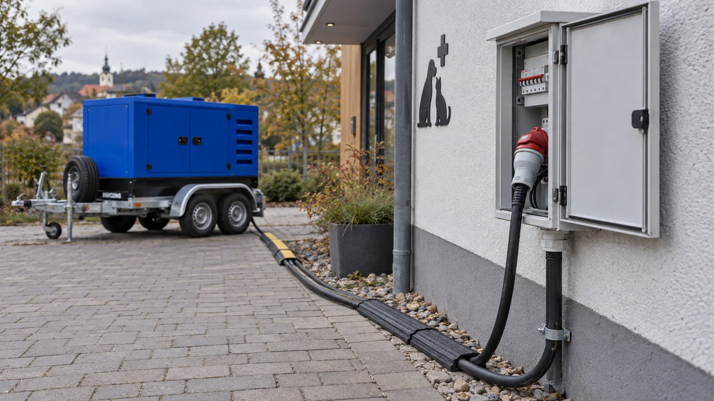 Silný kabel od modré elektrocentrály na přívěsu ústí do přípojné skříně na fasádě veterinární kliniky.