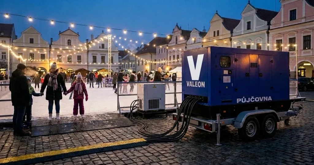 Mobilní kluziště na náměstí za mrazivého podvečera, bruslaři pod světly a stranou modrá elektrocentrála na přívěsu