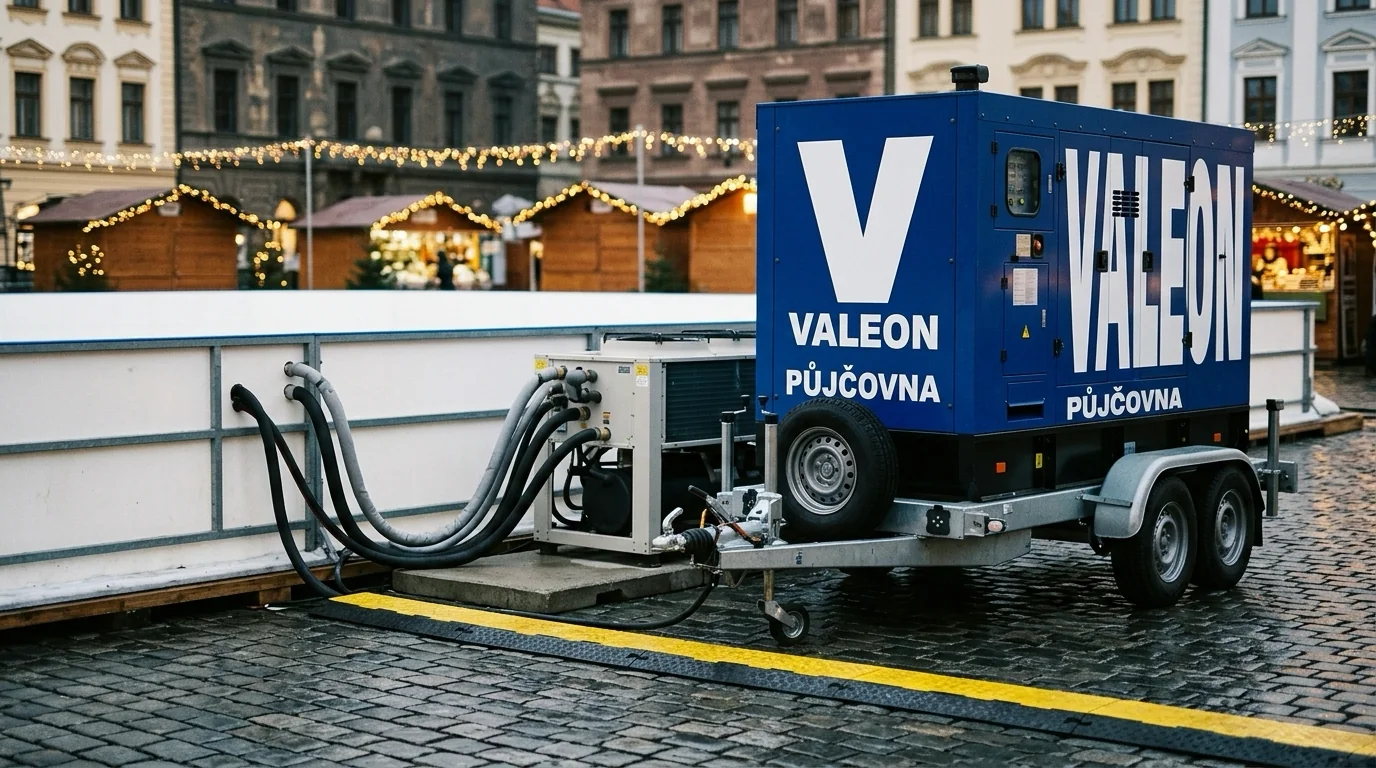 Kabel od modré elektrocentrály na přívěsu vede kabelovým přejezdem přes dlažbu k chladicí jednotce kluziště